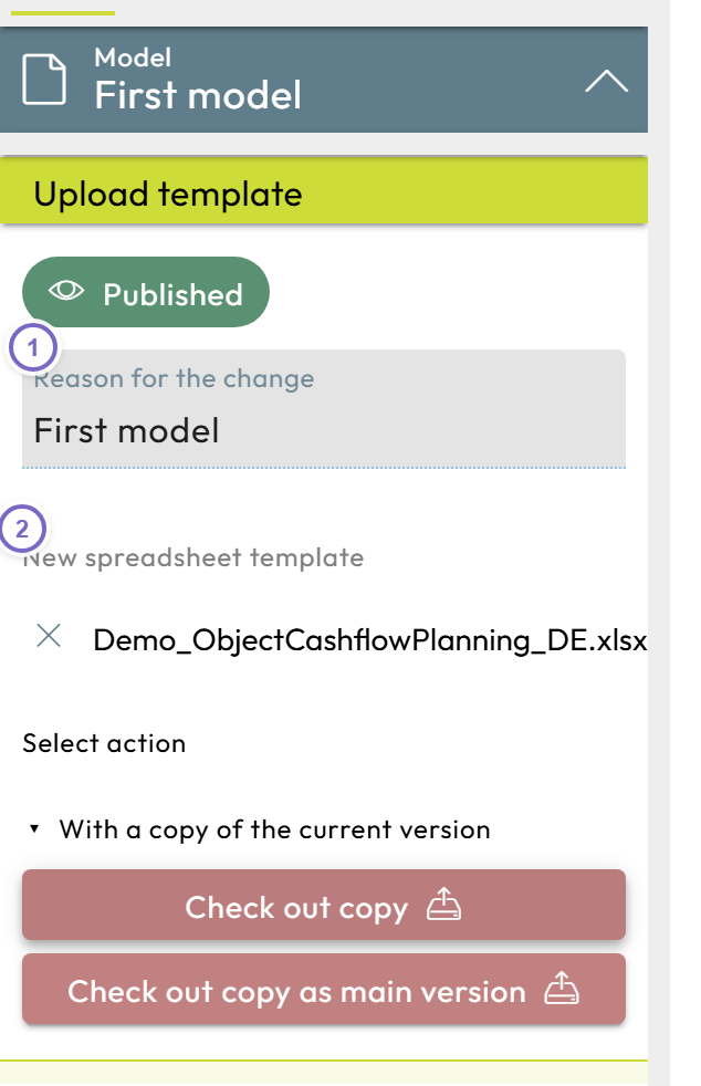 Upload template panel with reason for the change and the chosen spreadsheet file