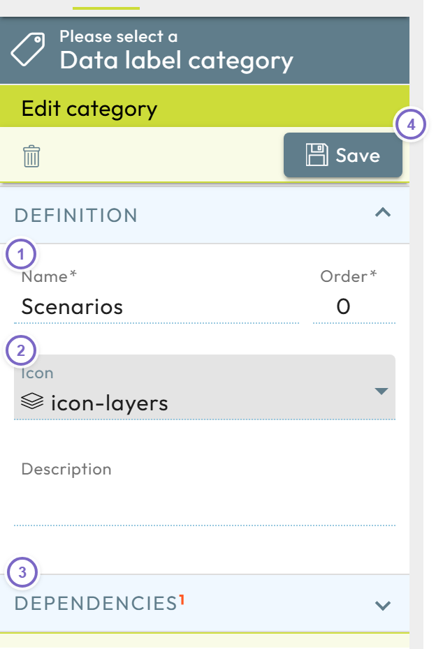 Create data label category dialog with Name and Save