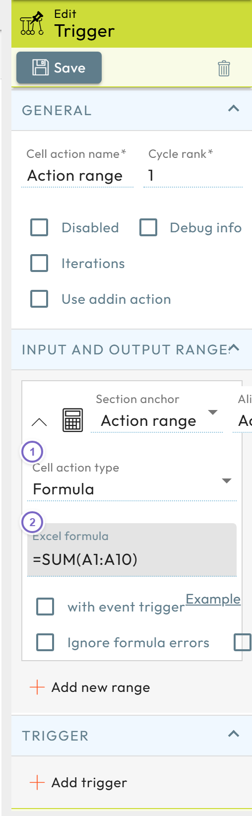 Cell action with Formula output type and Excel formula