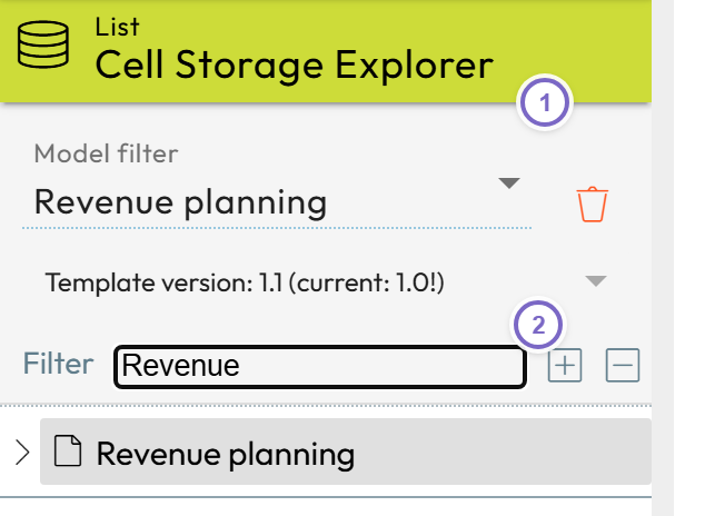 Cell storage explorer list filtered by model with free-text search