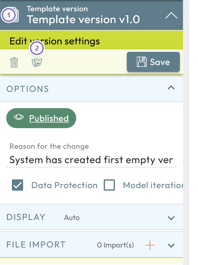 Version management with the edit version settings panel and the clone button