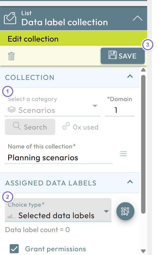 Create data label collection dialog with category, choice type and Save