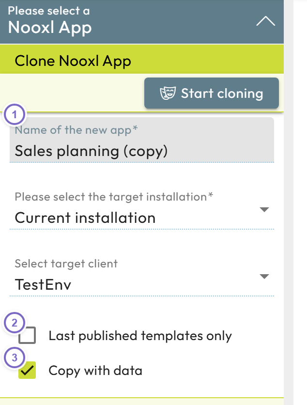 Clone app dialog with target name and copy options