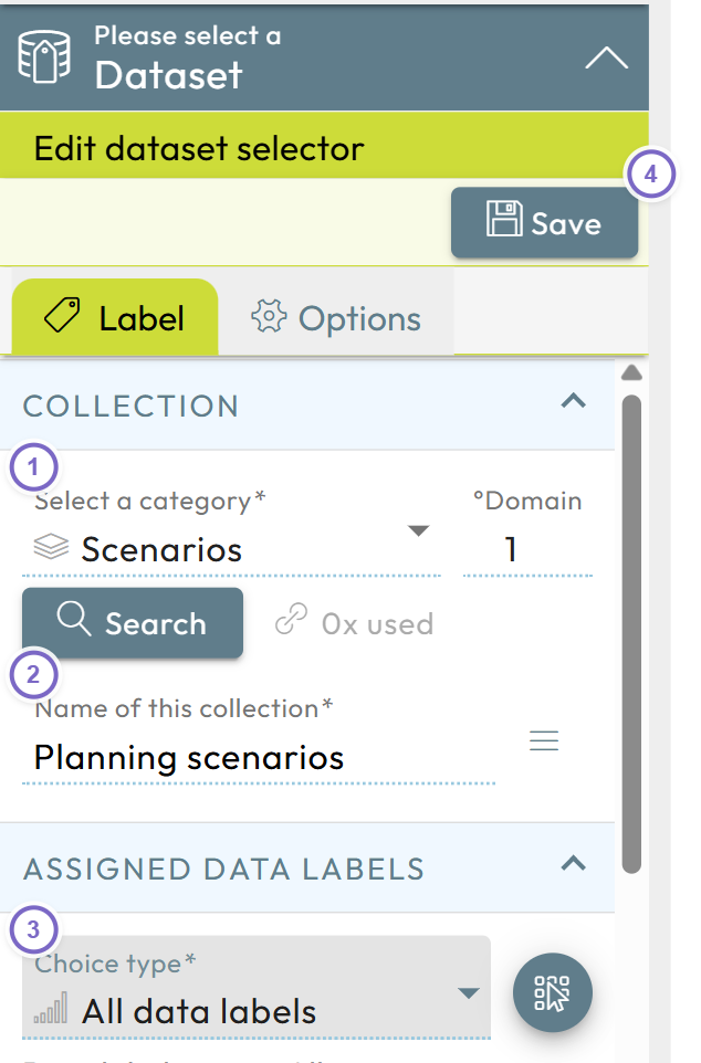 Add dataset selection dialog with category, name, selection type and Save
