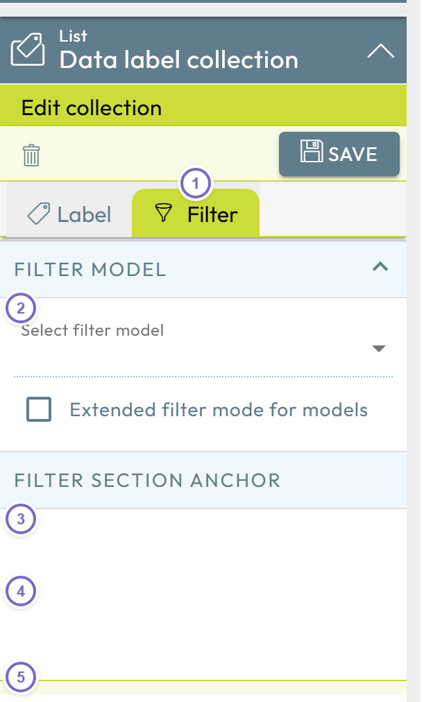 Collection Filter tab with filter model and section fields