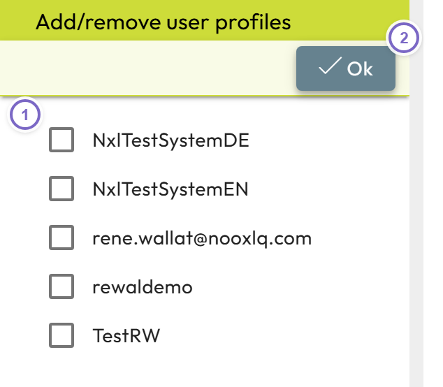 Group membership checklist with user checkboxes and the Ok button