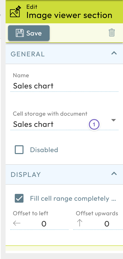 Image viewer section properties with the cell storage that holds the document