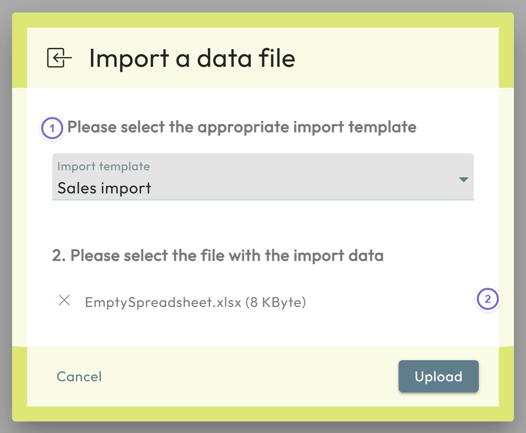 Import a data file dialog with the chosen import template and the selected data file