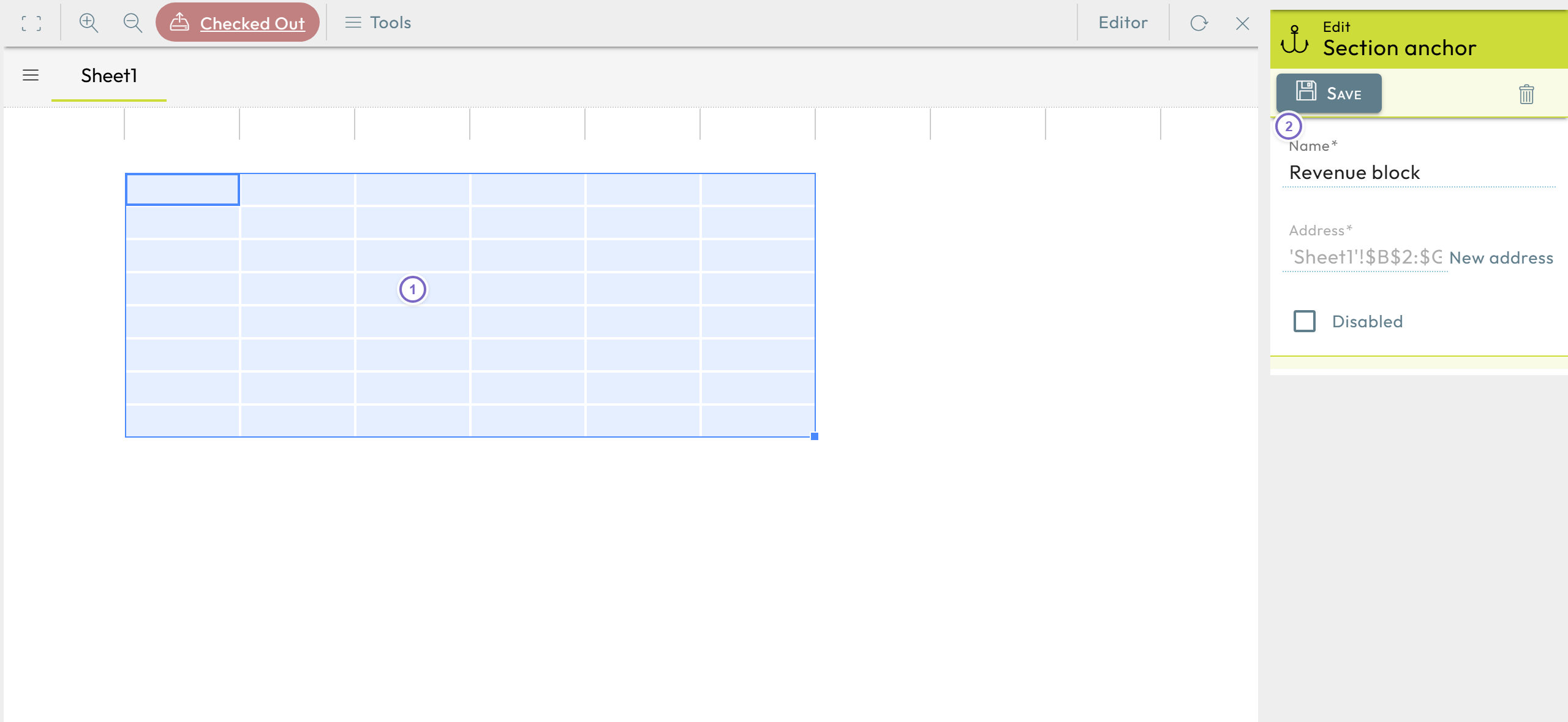 Template design with selected cells and the create marking dialog