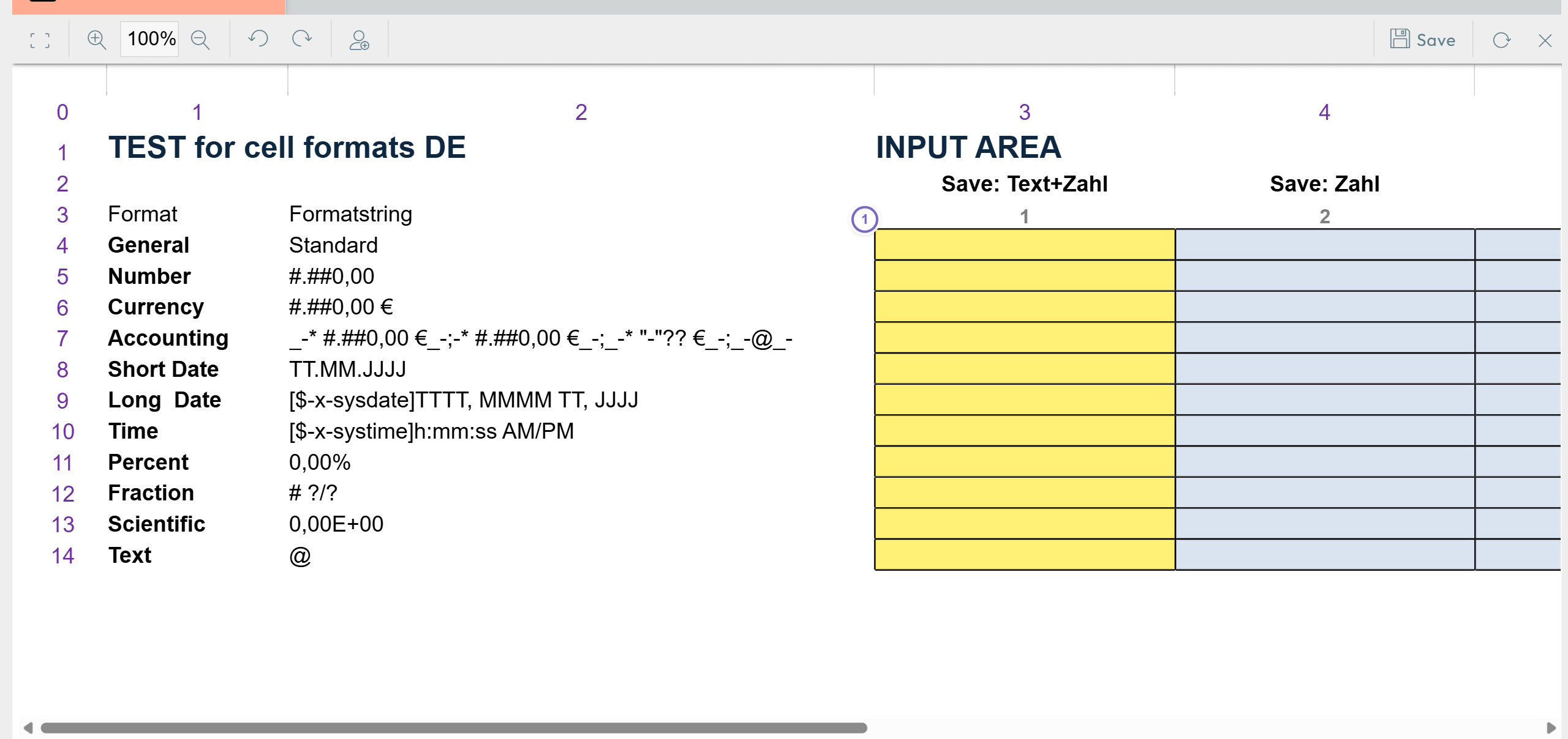 Model cells backed by a cell storage section shown in the input background color