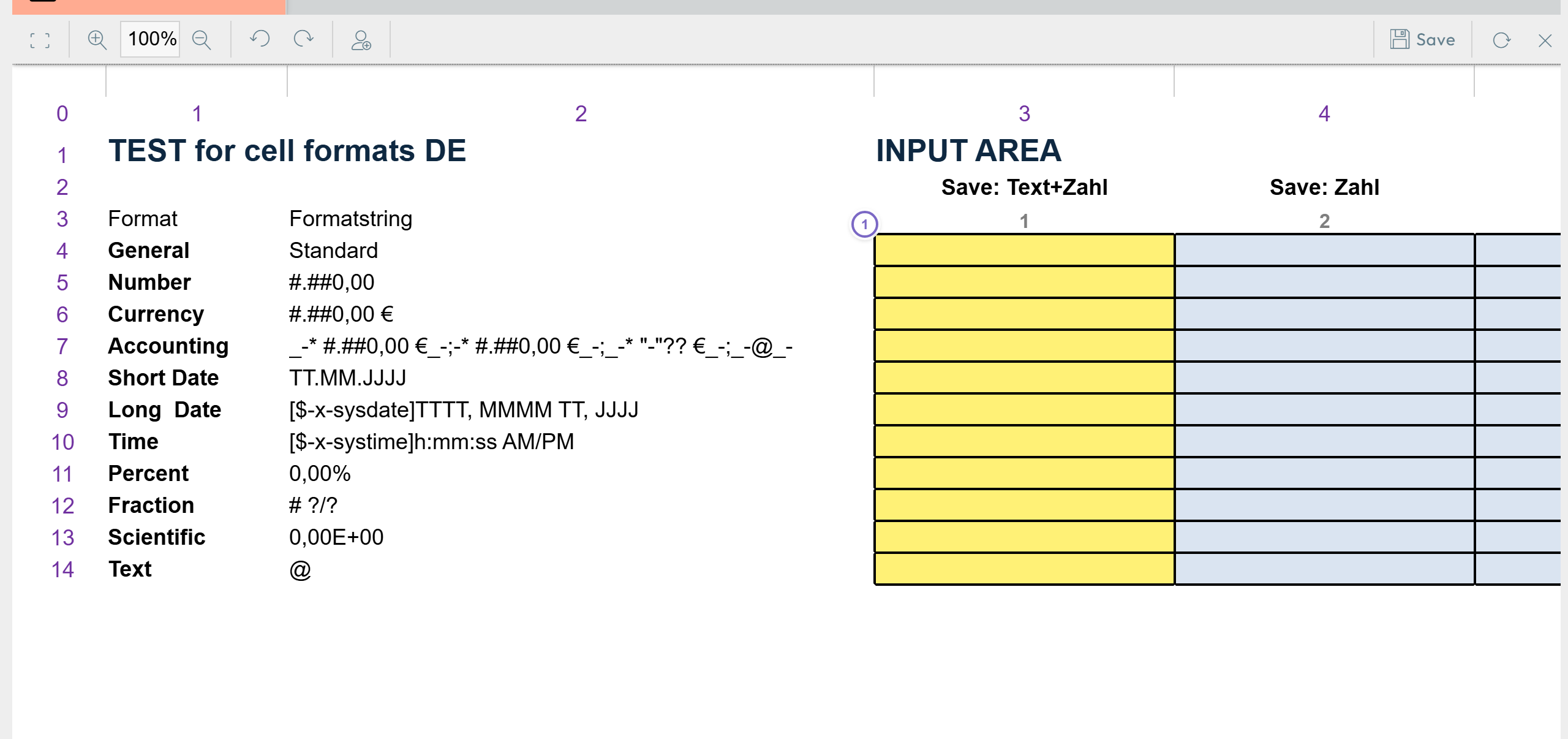 Model cells backed by a cell storage section shown in the input background color