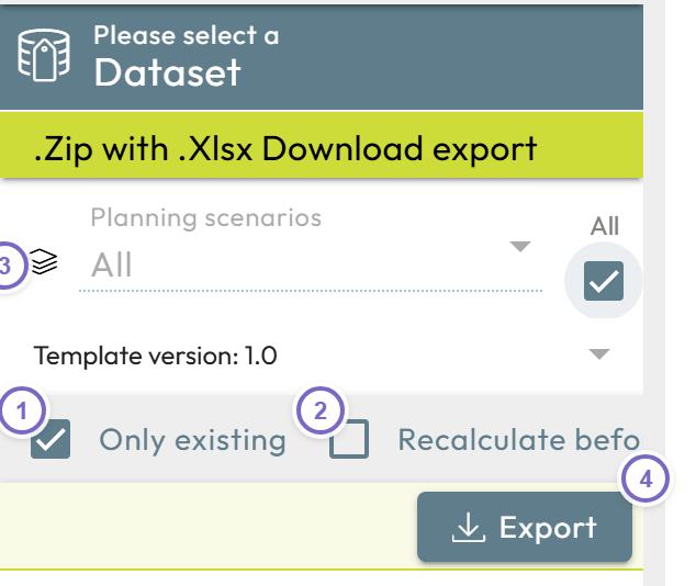 Mass export options with Only existing, Recalculate before, dataset selection and Export