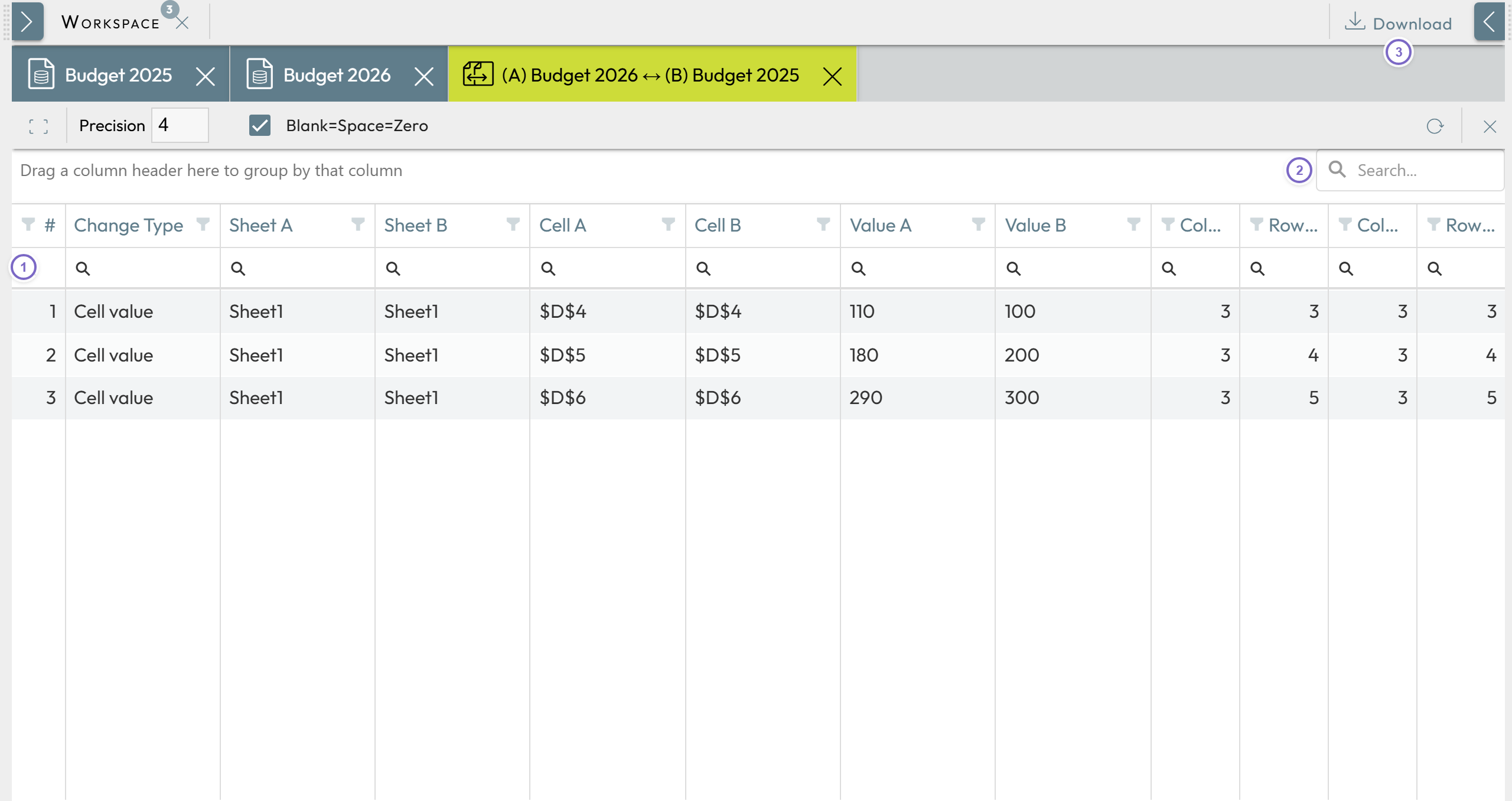 Model comparer result tab listing the cells whose values differ between two datasets
