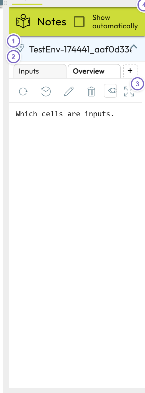 Notes tab with the app panel, two note tabs, toolbar and Show automatically