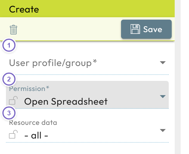 Create permission form with user/group, permission and resource data selects