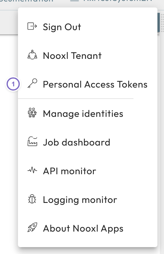 User menu with the Personal Access Tokens entry