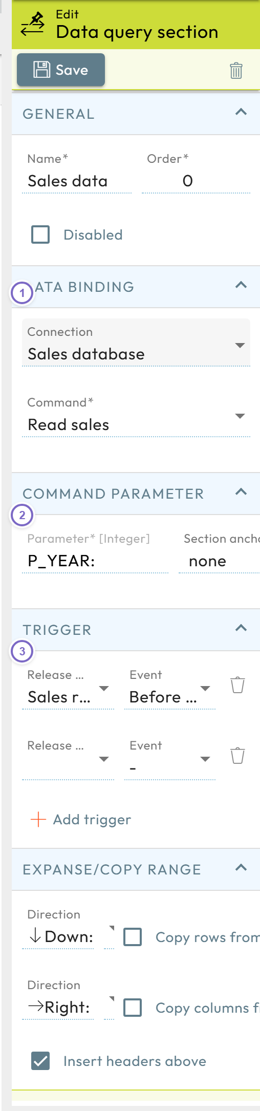 Query section properties with data binding, command parameter and trigger