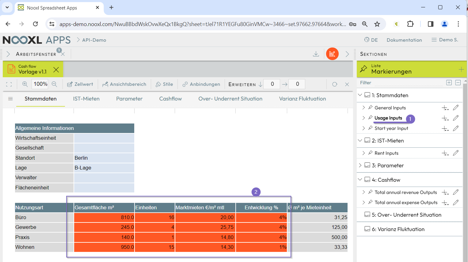 Input and output parameters of the demo