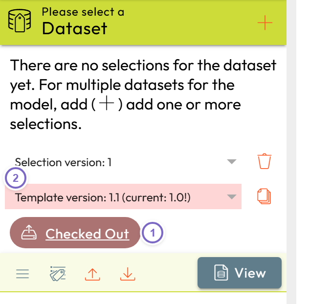 Model panel with revision action menu and the checked-out state badge