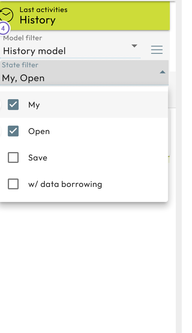 History list with own and open activity filters