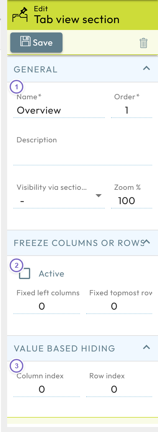 Tab view section properties with name, freeze panes and value-based hide