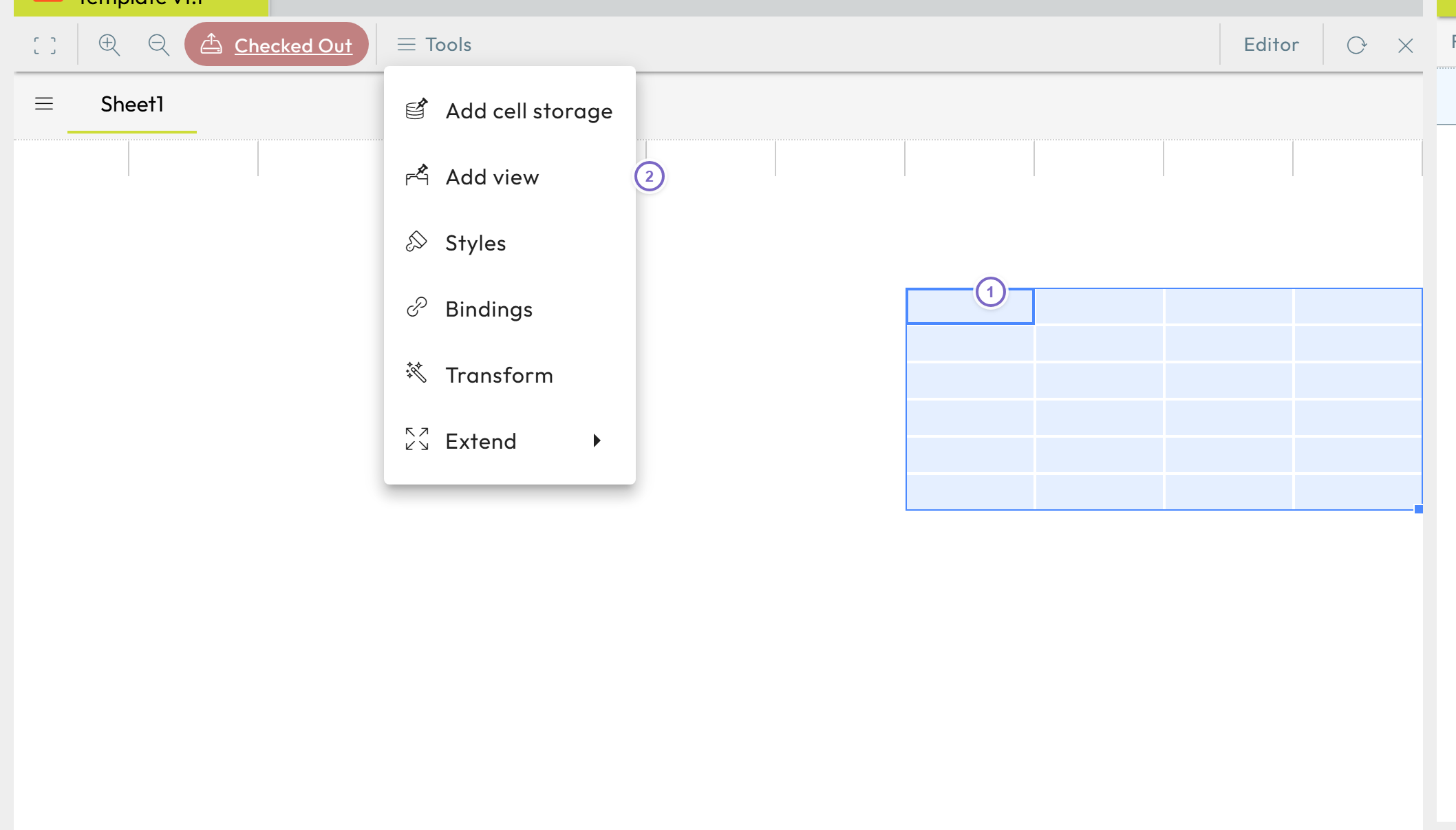Template design with a selected cell range and the Tools menu with Add view
