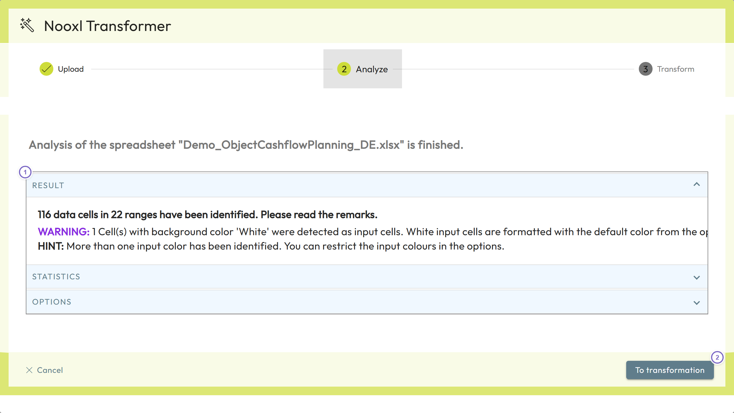 Nooxl Transformer wizard on the Analyze step with the analysis result