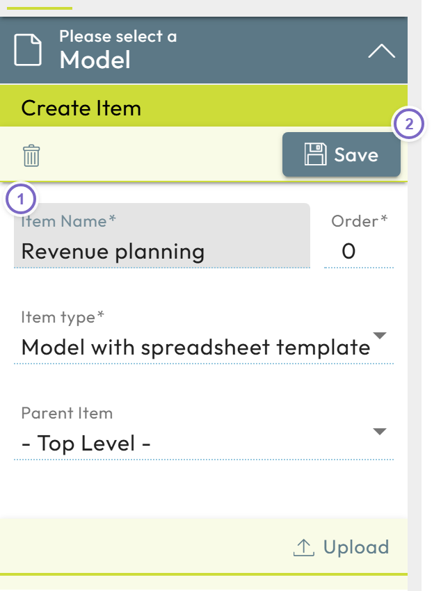 Create model dialog with name and Save