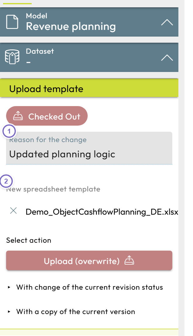 Upload template panel with reason for the change and the chosen spreadsheet file