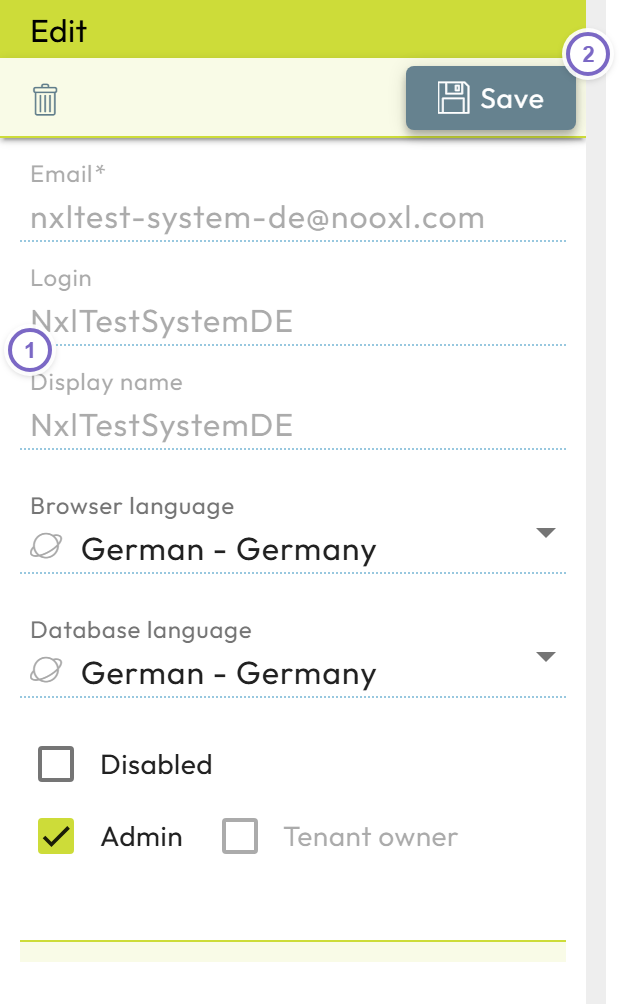 User profile edit form with properties and Save