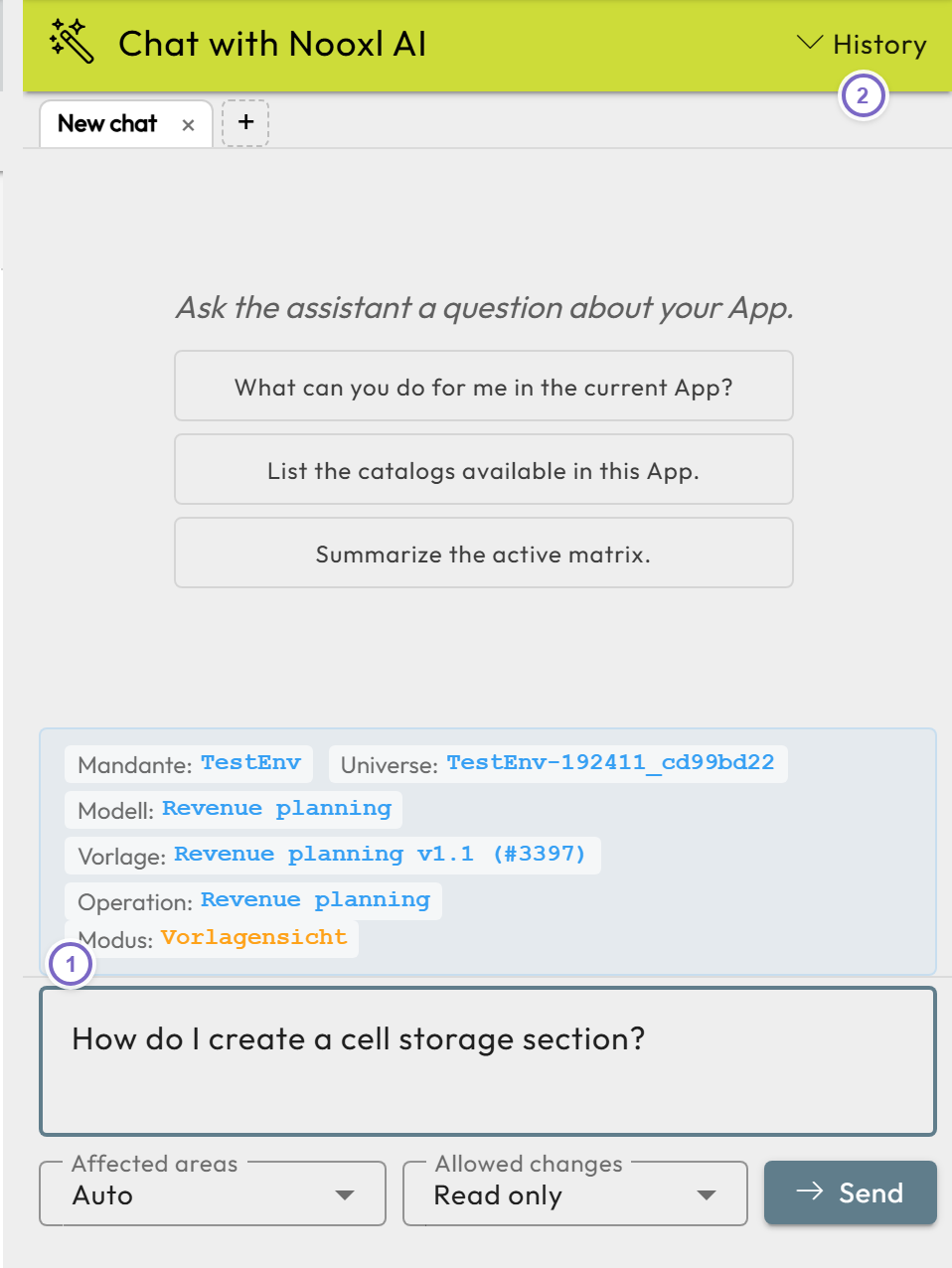 Chat with Nooxl AI panel with suggestions, context info and a typed prompt