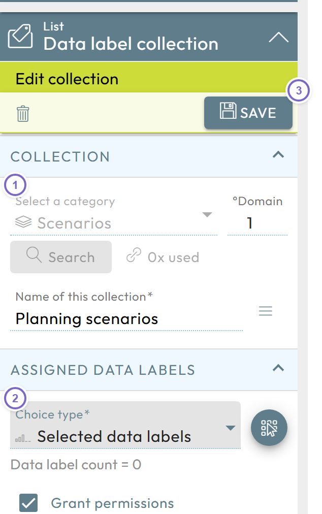 Create data label collection dialog with category, choice type and Save