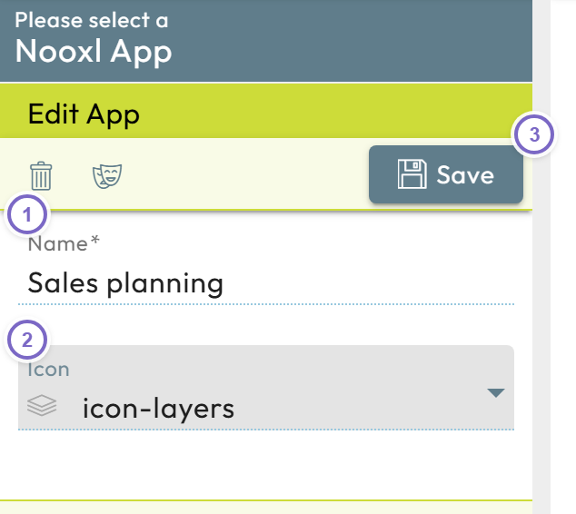 Create app dialog with Name, Icon and Save