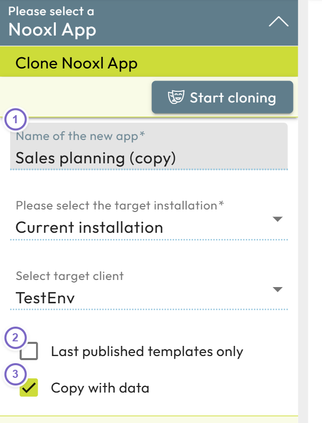 Clone app dialog with target name and copy options