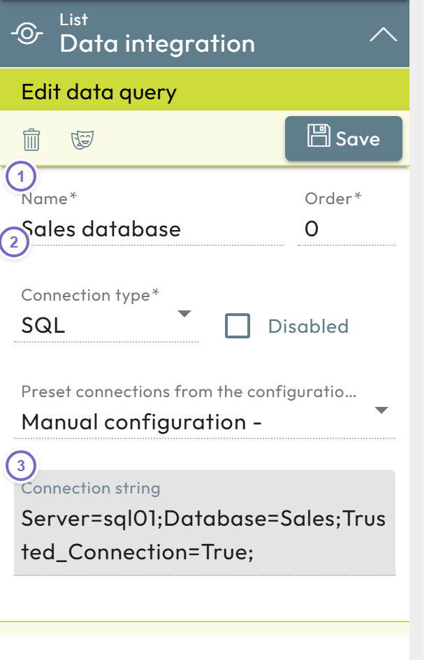 Edit data query with name, connection type and connection string