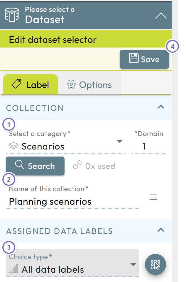 Add dataset selection dialog with category, name, selection type and Save