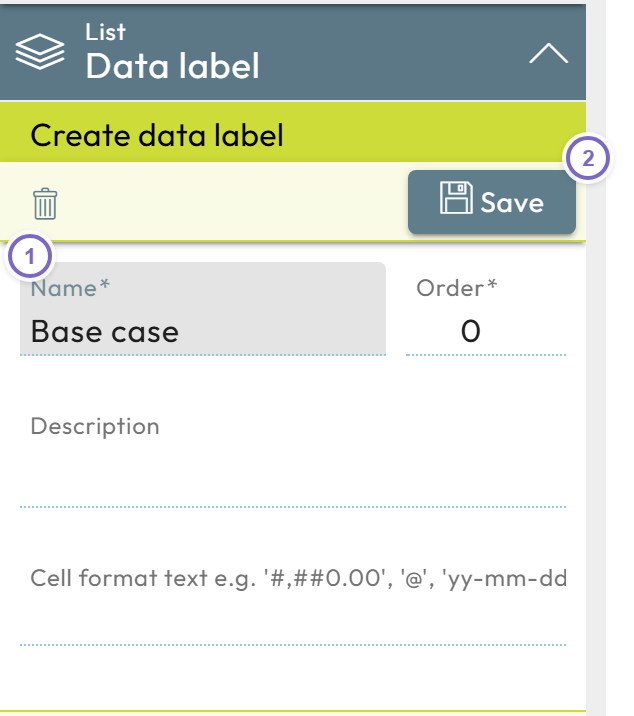 Create data label dialog with Name and Save