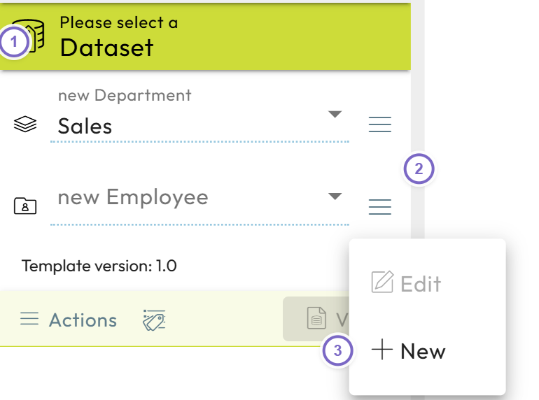 Dataset selection with employee context menu Create new data label