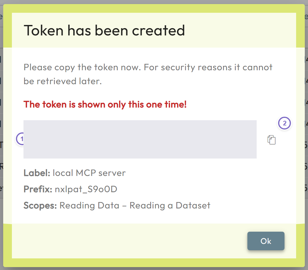 Create token success dialog with the one-time token value and copy button